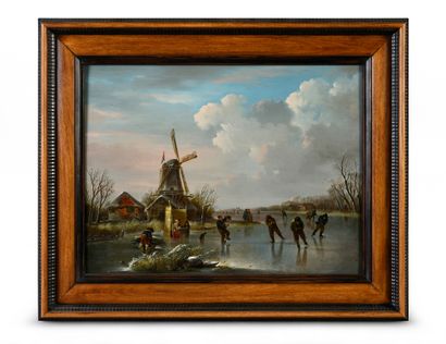 Andries VERMEULEN (Dordrecht 1763 - Amsterdam 1814) Patineurs sur une rivière gelée
Panneau...