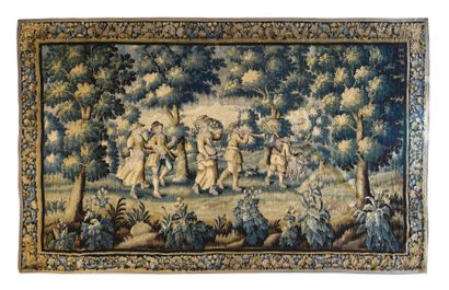 AUBUSSON Tapisserie en laine représentant une fête paysanne dans un paysage, bordure...