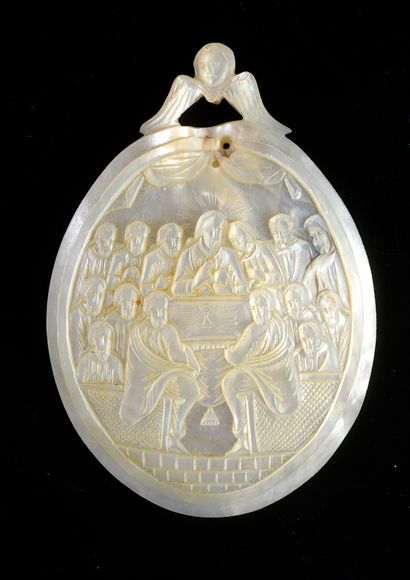 null Two mother-of-pearl medallions carved in high relief representing the Last Supper,...