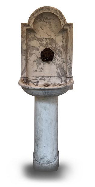 Fountain in white marble veined with gray,...
