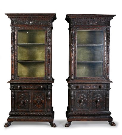 null Pair of carved wooden display cases, the top glazed on three sides opening to...