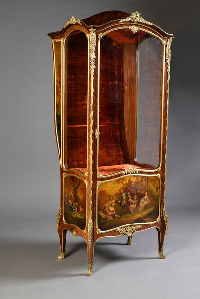 null Amusing curved display case simulating a sedan chair in violet wood veneer and...