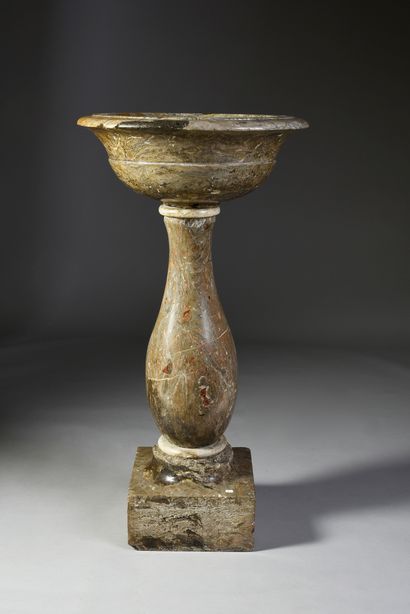 null Marble birdbath, baluster foot with white marble rings on a square base, the...