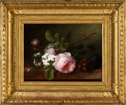 Cornelis Van SPAENDONCK (1756-1839) Bouquets de fleurs aux roses sur un entablement
Toile...