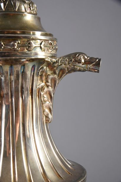 null Important Louis XVI period silver coffee pot, resting on three feet decorated...