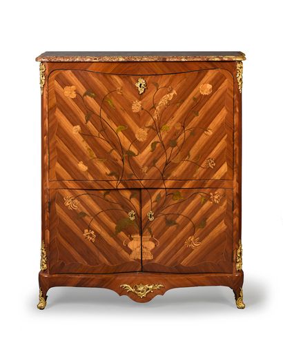 null Secretary in marquetry of satin, boxwood, green tinted wood, decorated with...