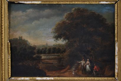Entourage de Balthasar Beschey (1708-1776) Rustic landscape with three characters...