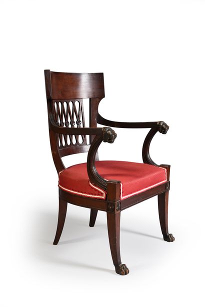 null Mahogany and mahogany veneer armchair, rounded back with band and crossbars,...