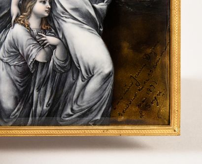 null Enamel plate painted in grisaille with gold highlights, polychrome faces representing...