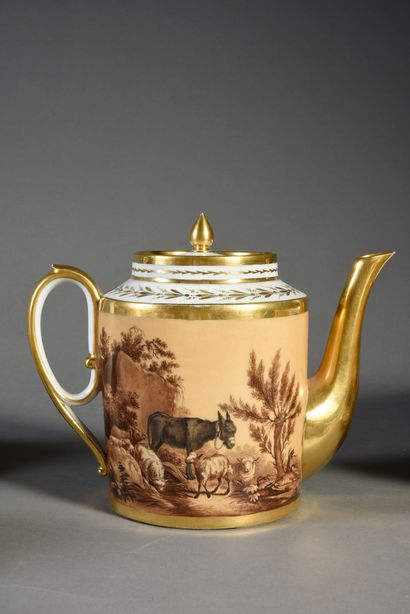 null Part of a coffee service in porcelain of Paris decorated with country scenes...