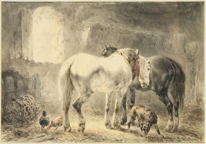 Wouterus VERSCHUUR (1812-1874) Two horses at the stable Grey wash and watercolor...