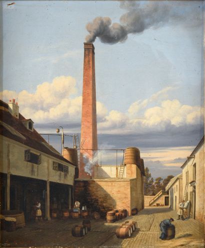 E. Labiche (actif vers 1820) Vue de la cour d'une distillerie, probablement de cognac.
Huile...