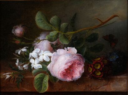 Cornelis Van SPAENDONCK (1756-1839) Bouquets de fleurs aux roses sur un entablement
Toile...