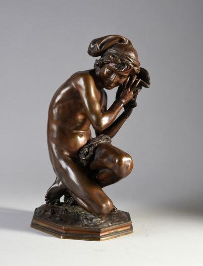 Jean-Baptiste CARPEAUX (1827-1875) The Fisherman with a shell Bronze with brown patina...