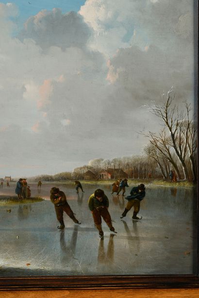 Andries VERMEULEN (Dordrecht 1763 - Amsterdam 1814) Patineurs sur une rivière gelée
Panneau...
