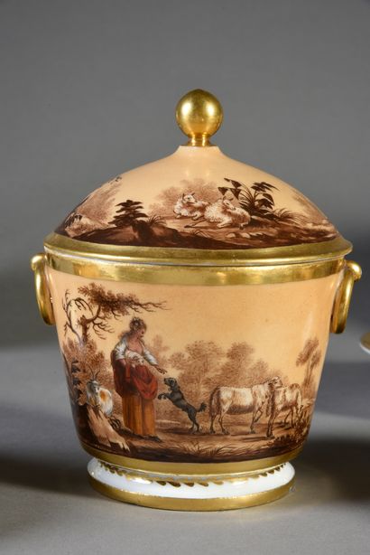 null Part of a coffee service in porcelain of Paris decorated with country scenes...
