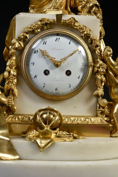 Maison SORMANI Clock in chased and gilded bronze and white marble representing the...