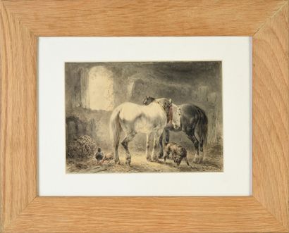 Wouterus VERSCHUUR (1812-1874) Two horses at the stable Grey wash and watercolor...