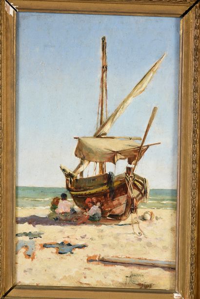 Felipe Maso De Falp (1851 - 1929) Pêcheurs sur la plage de St. Tropez
Huile sur panneau
28...