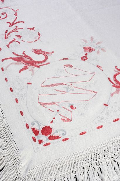 null Tablecloth embroidered in Beauvais stitch, dragons and swans facing each other,...