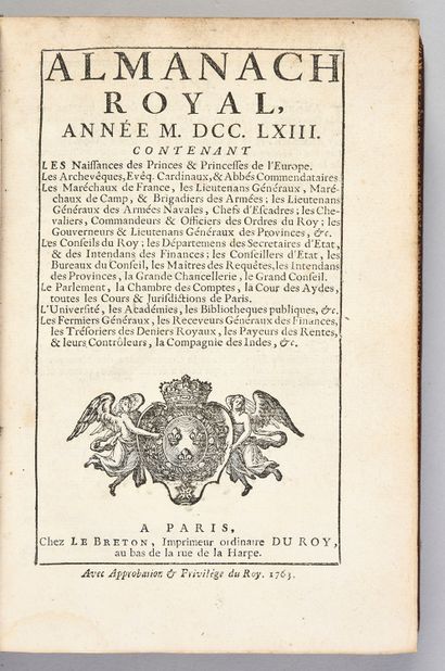 null 
ALMANACH ROYAL, Année M. DCC. LXIII 



Paris, Le Breton, 1763.



In-8, plein...