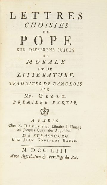 POPE, Alexander Lettres choisies de Pope sur différents sujets de Morale et de Littérature....