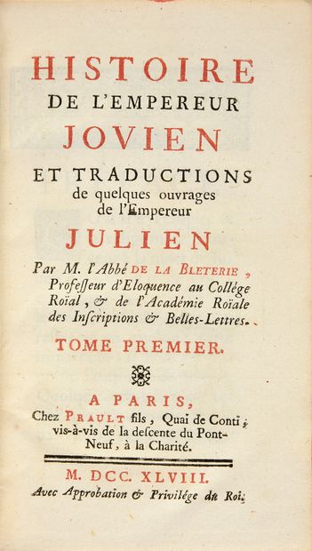 LA BLÉTERIE, abbé de Histoire de l'empereur Jovien, et traductions de quelques ouvrages...