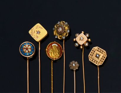 null Six tie pins in gold 750e, decorated with an enamel bressant, an enamelled figure...