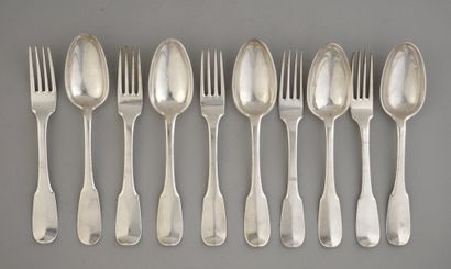 null Set of three forks and six spoons in silver of the uni-flat model. The spatula...