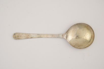 null Silver spoon, the flat handle is engraved with flowers and a landscape. The...