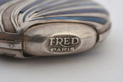 FRED Paris Gas lighter in silver 925e, with blue enamelled guilloche decoration,...
