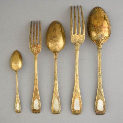 null Table service in vermeil, including six large forks and six large spoons, six...