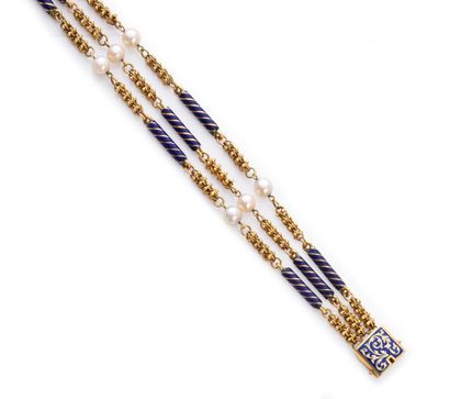 null Bracelet en or 750e, à trois rangs à décor alterné de bâtonnets émaillés bleus,...