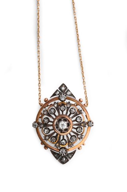 null Necklace in 18k gold and 800 silver, holding a pendant stylizing an openwork...