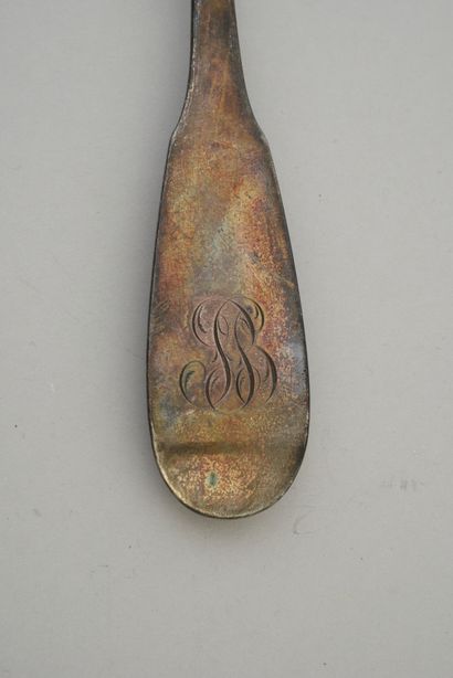 null Silver ladle of the uni-flat model, the spatula engraved later with a monogram...