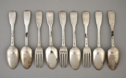 null Set of three forks and six spoons in silver of the uni-flat model. The spatula...