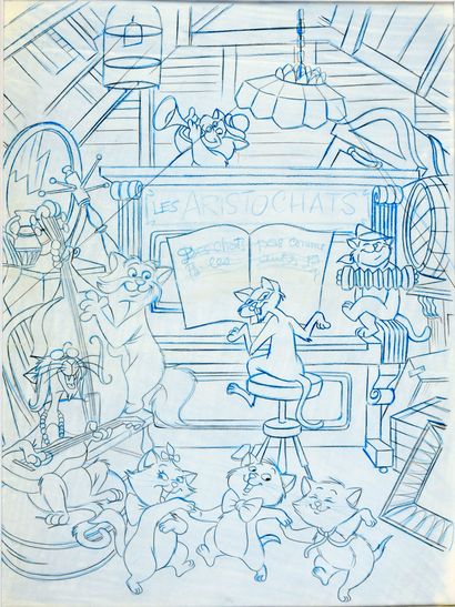 null DISNEY (Studios). The Aristochats. 

Pencil and blue pencil on machine paper....