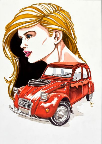 The blonde and the 2CV. Colored felt pen...