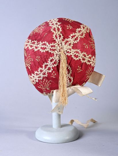 null Embroidered bonnet, late 18th-early 19th century, embroidered crimson damask...