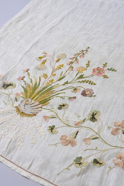 null Disassembled embroidered skirt, circa 1790, cream cotton muslin, polychrome...