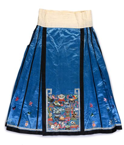 null Embroidered woman's skirt, China, late 19th century, blue satin decorated with...