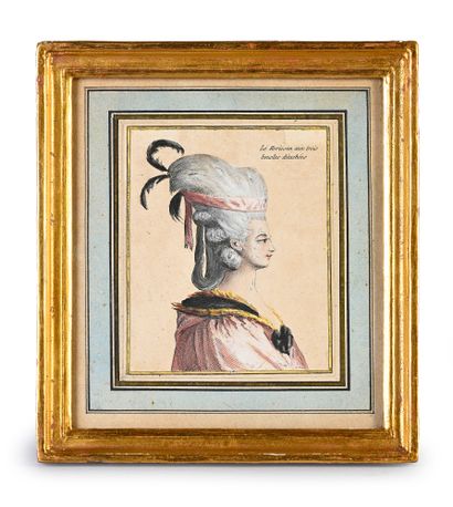 null Set of eight fashion prints illustrating women's headgear, ca. 1780-1789, touse...