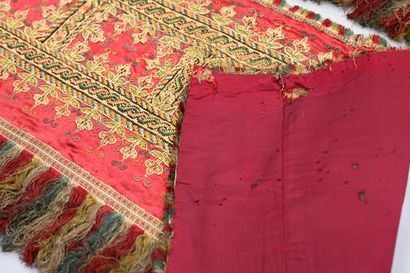 null Elements of a tapestry bed linen, mainly 17th century, crimson silk satin applied...