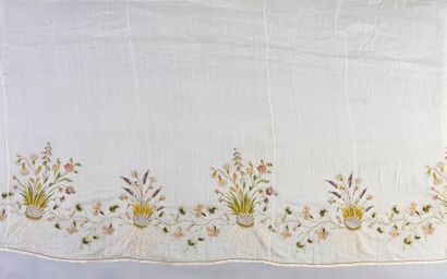 null Disassembled embroidered skirt, circa 1790, cream cotton muslin, polychrome...