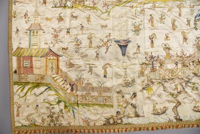 null Important embroidered hanging in Chinoiserie, second half of the 18th century,...