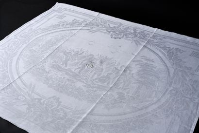 null Table service with harvesters in linen damask, tablecloth and eighteen napkins,...