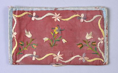 null Embroidered pouch, Louis XV period, gros de Tours lie de vin brightly embroidered...