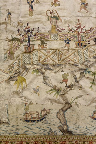 null Important embroidered hanging in Chinoiserie, second half of the 18th century,...