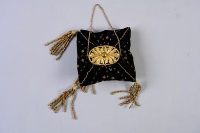 null Reticule, late 19th century, square black velvet pocket embroidered with gold...