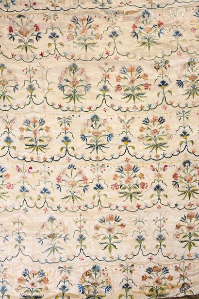null Embroidered hanging, 18th century, Italy (?), cream silk taffeta brightly embroidered...